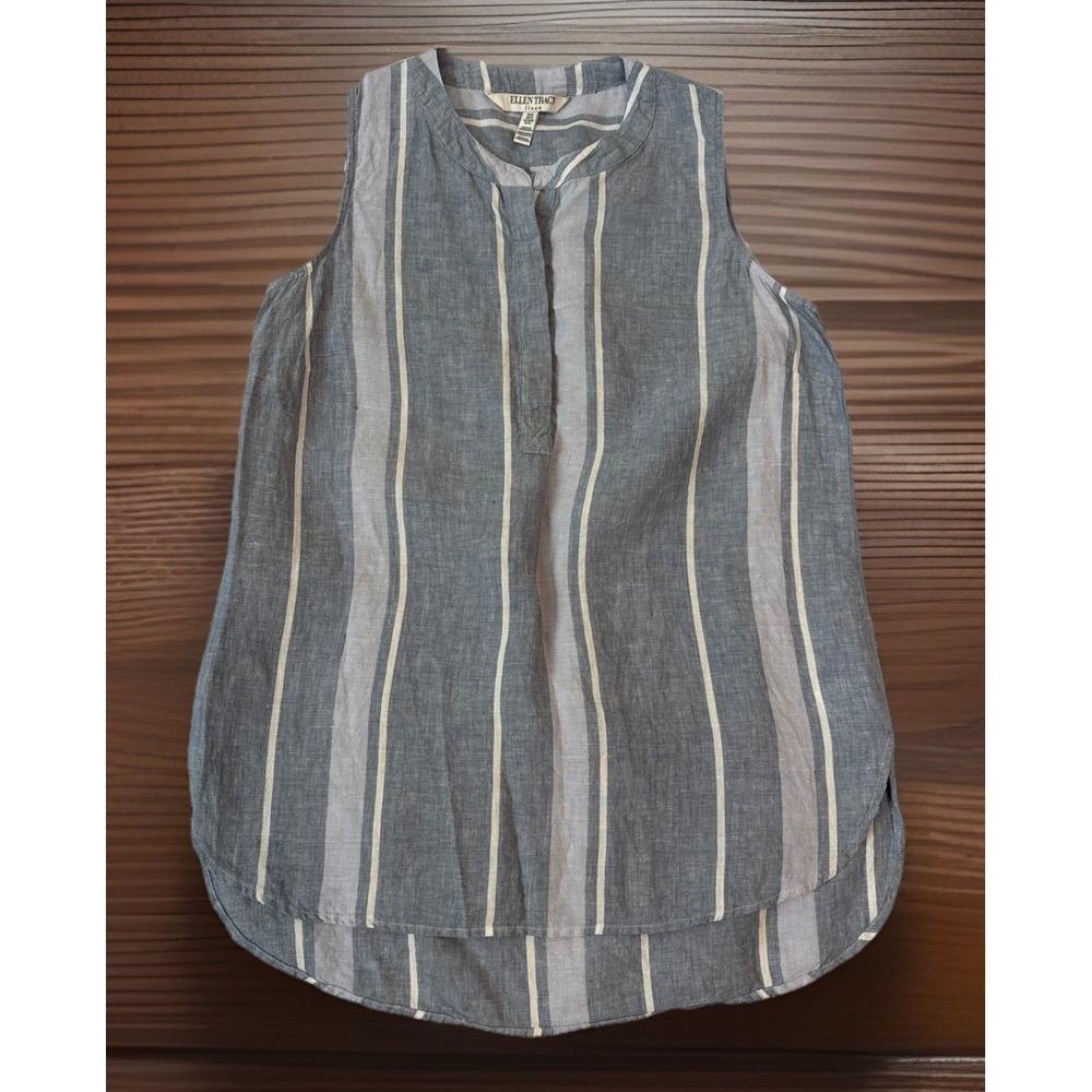 Ellen Tracy 100% Linen Sleeveless Tunic Blouse Sz M Resort Coastal Relaxed